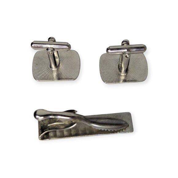 Vintage Cuff Links & Tie Clip Set Mid Century Mod Silver Tone Accessory Formal - Picture 3 of 5